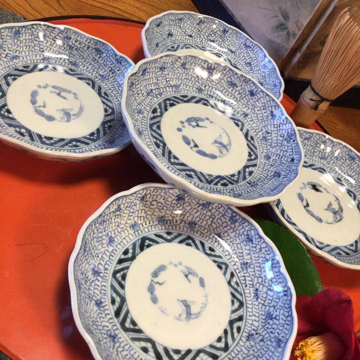 伊万里 染付 微塵唐草 輪花型 浅鉢 5枚 A1001 伊万里 染付